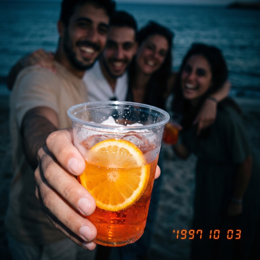 A cup of orange spritz held to camera on the beach at blue hour, four friends laughing behind it