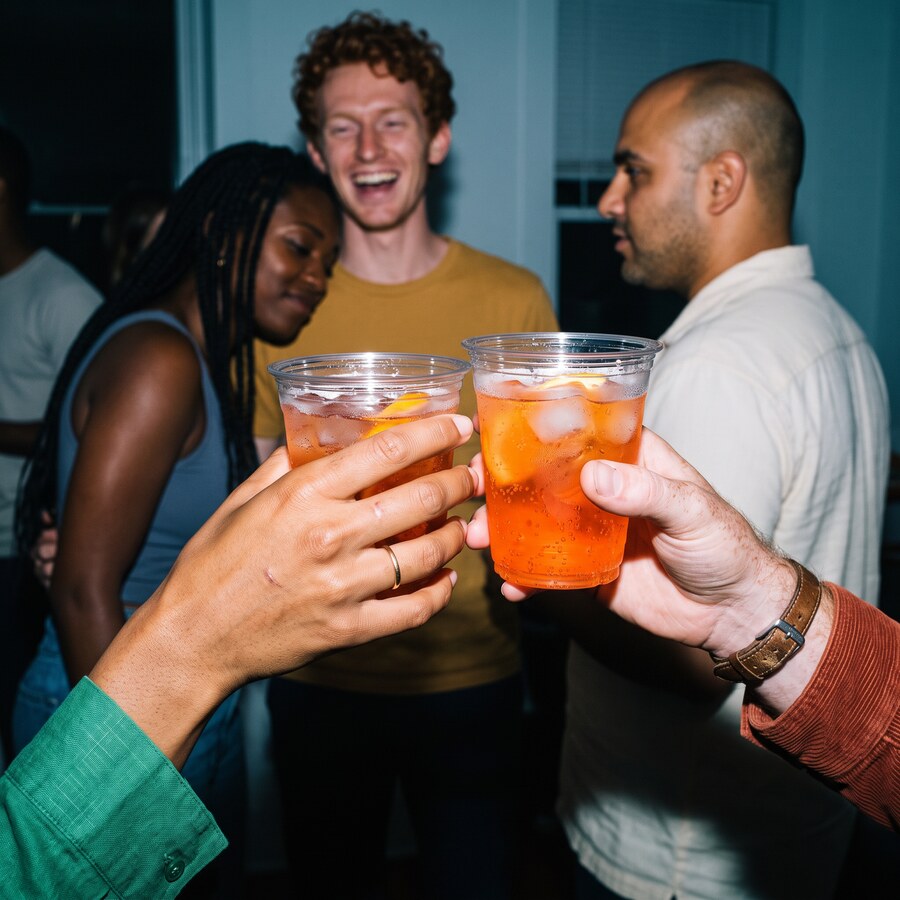 Three friends touching clear plastic cups of orange spritz together at a night party