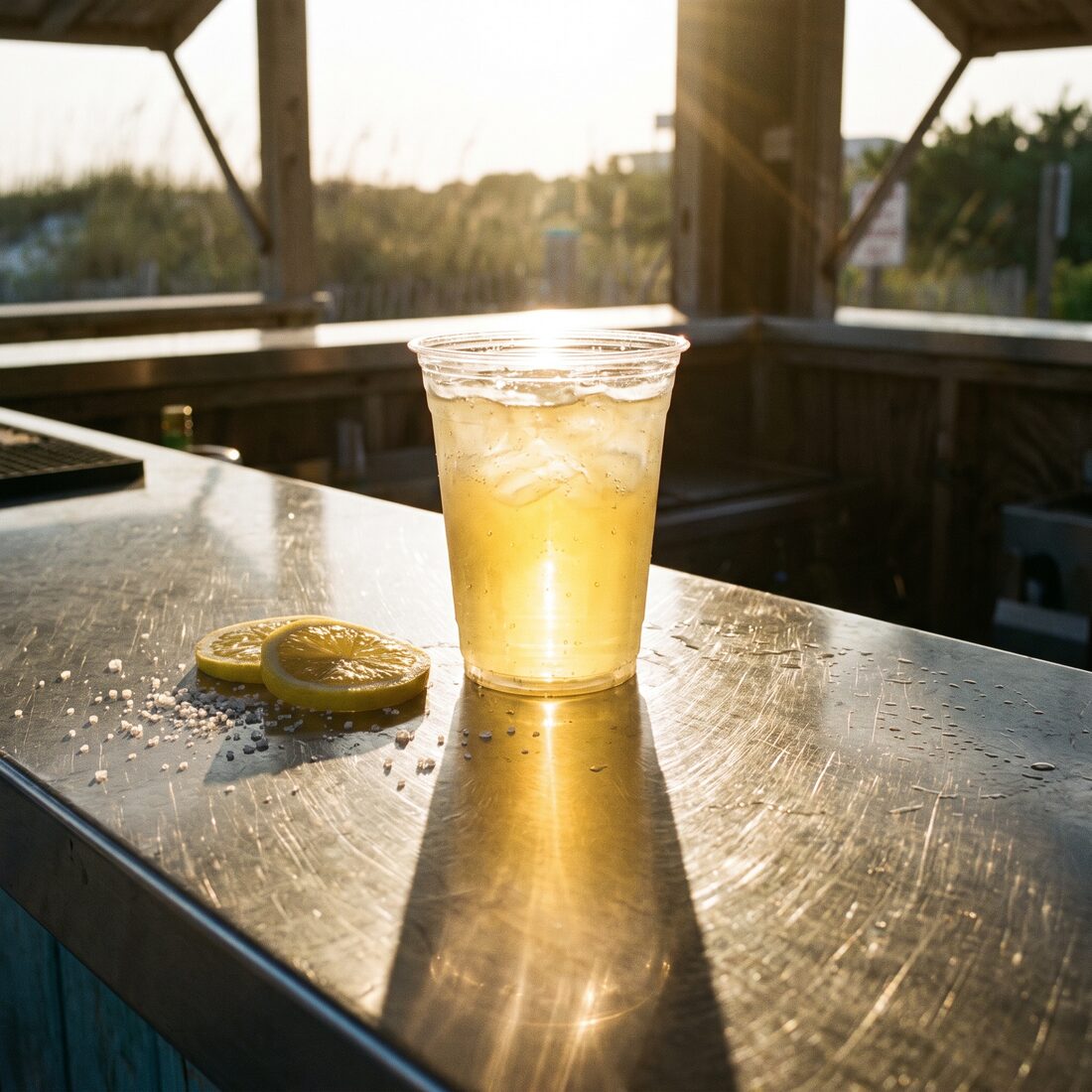 A Limoncello Spritz backlit on a steel ocean-bar counter at sundown
