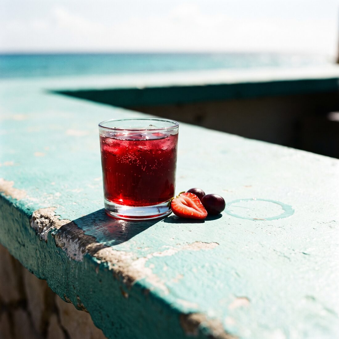 A Strawberry Sbagliato on a sun-bleached turquoise bar ledge above the ocean