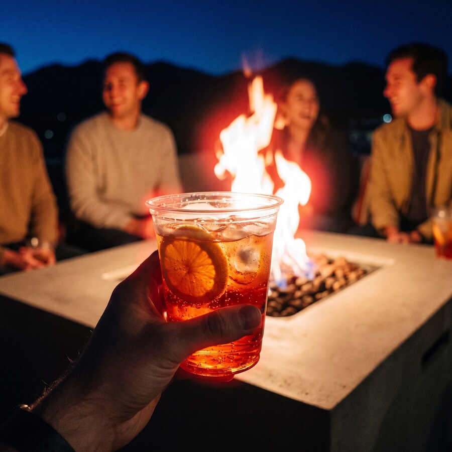 A cup of orange spritz on a rooftop fire table at night, friends gathered around the flame