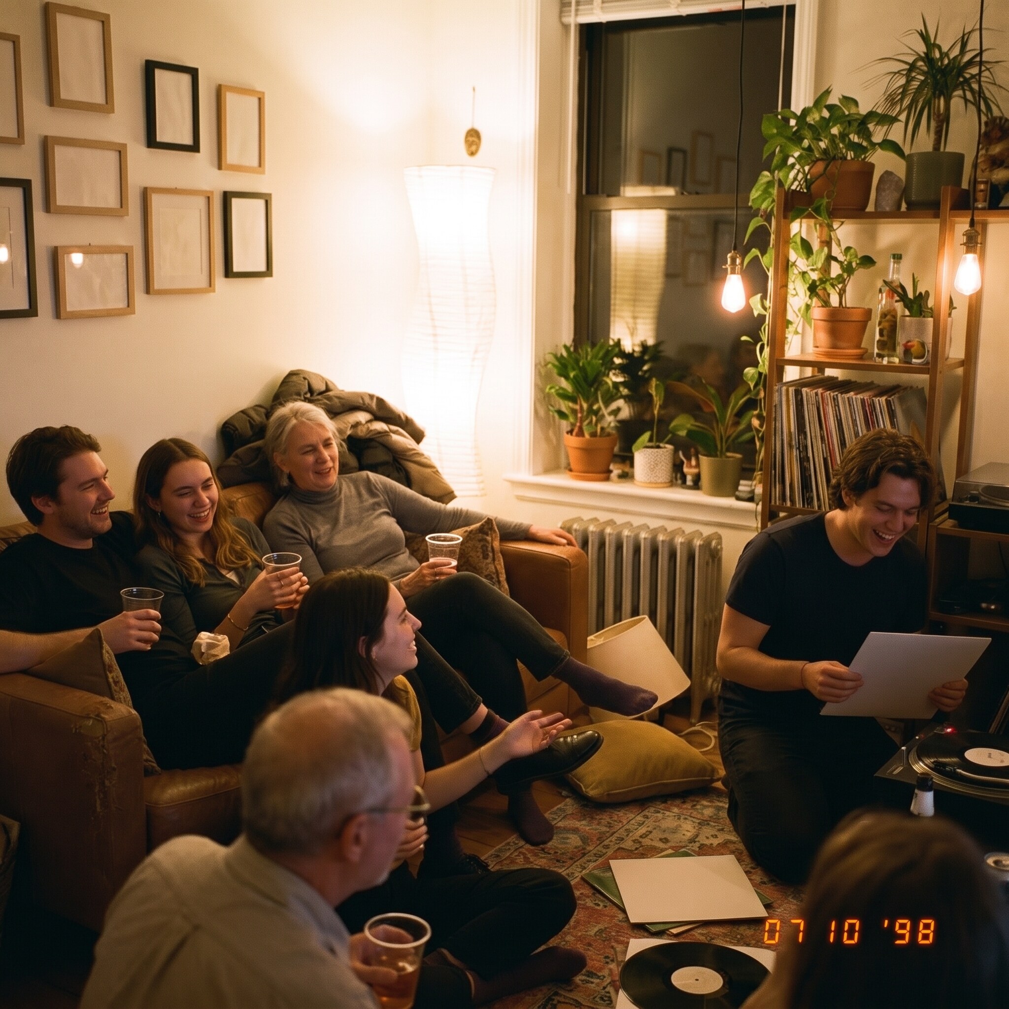 A living room gathering, records out of their sleeves