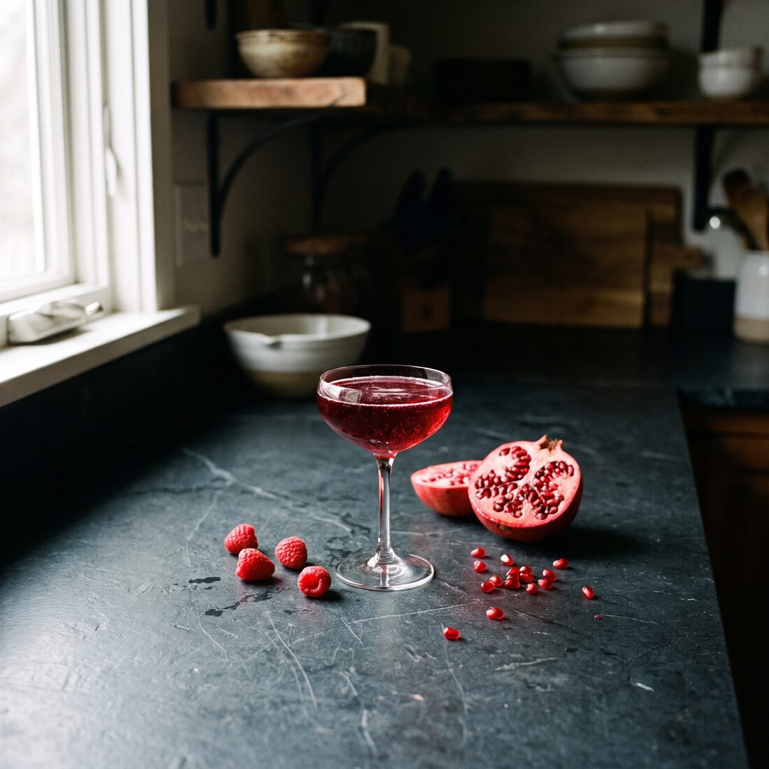 A Raspberry and Pomegranate Spritz in a coupe on a dark slate counter beside a split pomegranate